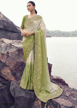 Cream & Green Jacquard Tissue Silk Saree with Handcrafted Embroidery work