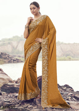 Mustard Orange Jacquard Tissue Silk Saree with Handcrafted Embroidery work