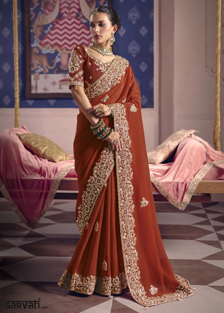 Rust Orange Viscose Tissue Saree with Intricate Zari & Bead Embroidery