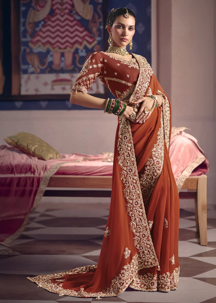 Rust Orange Viscose Tissue Saree with Intricate Zari & Bead Embroidery