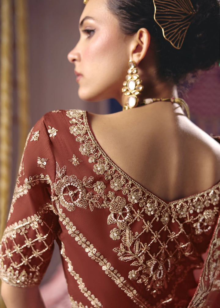 Rust Orange Viscose Tissue Saree with Intricate Zari & Bead Embroidery