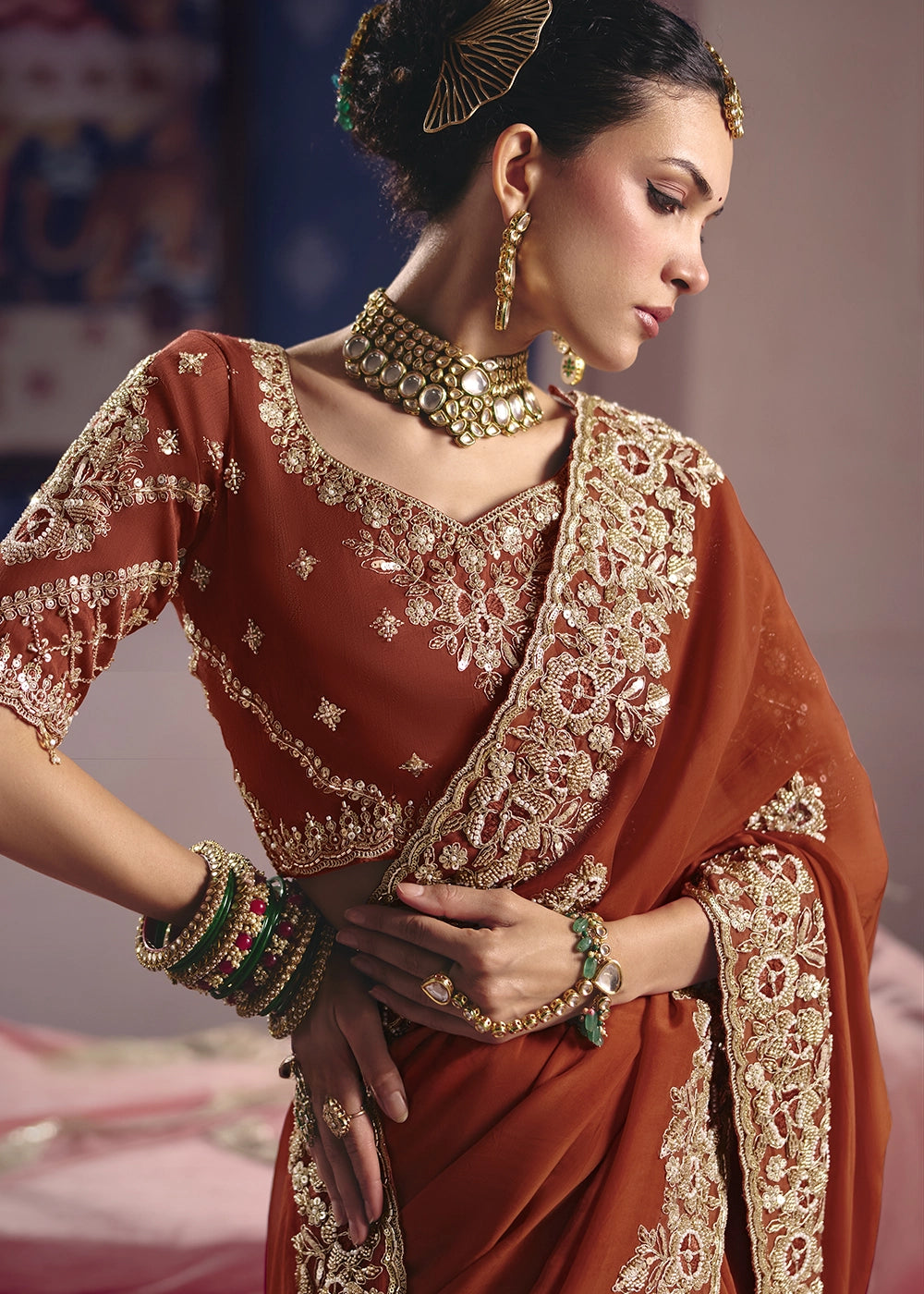 Rust Orange Viscose Tissue Saree with Intricate Zari & Bead Embroidery
