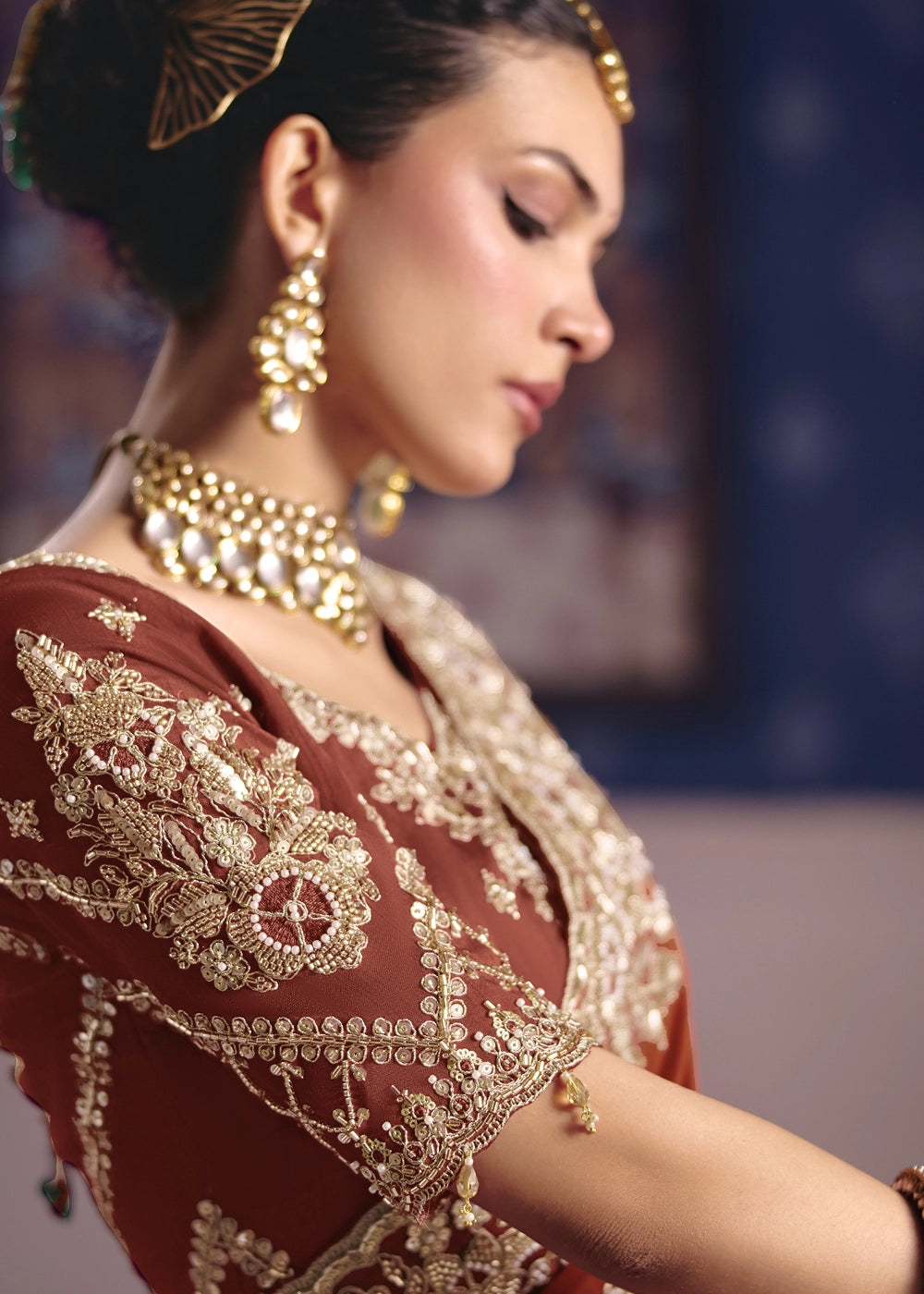 Rust Orange Viscose Tissue Saree with Intricate Zari & Bead Embroidery