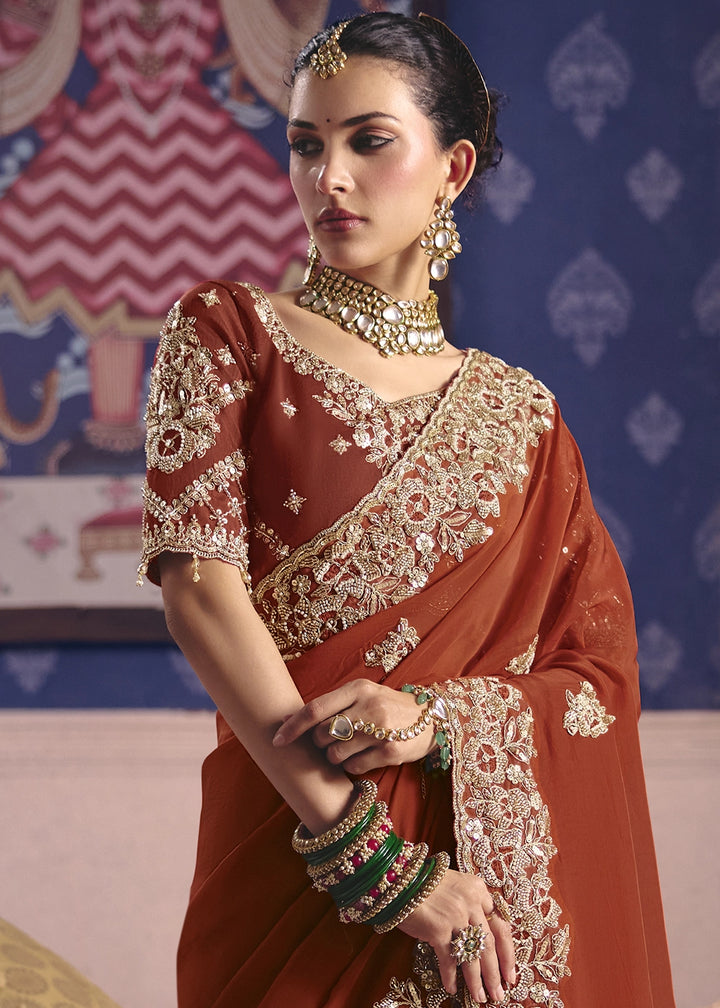 Rust Orange Viscose Tissue Saree with Intricate Zari & Bead Embroidery