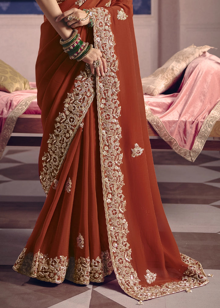 Rust Orange Viscose Tissue Saree with Intricate Zari & Bead Embroidery