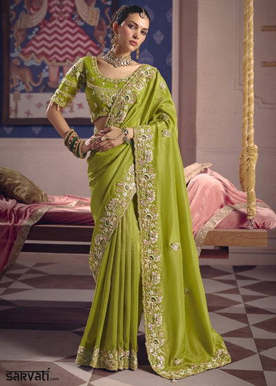 Sheen Green Viscose Tissue Saree with Intricate Zari & Bead Embroidery