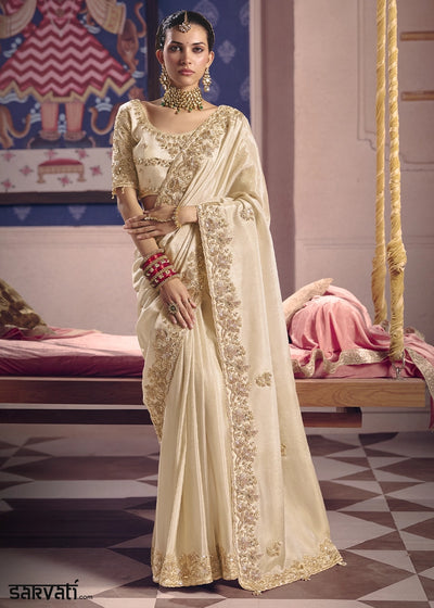 Cream White Viscose Tissue Saree with Intricate Zari & Bead Embroidery