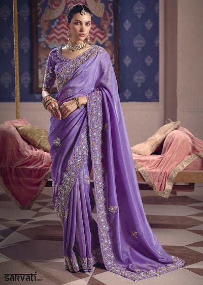 Electric Purple Viscose Tissue Saree with Intricate Zari & Bead Embroidery