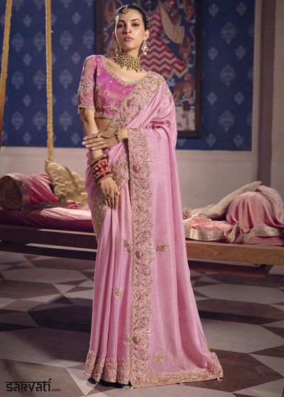 Flamingo Pink Viscose Tissue Saree with Intricate Zari & Bead Embroidery