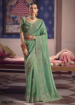 Jade Green Viscose Tissue Saree with Intricate Zari & Bead Embroidery (Pre-Order)