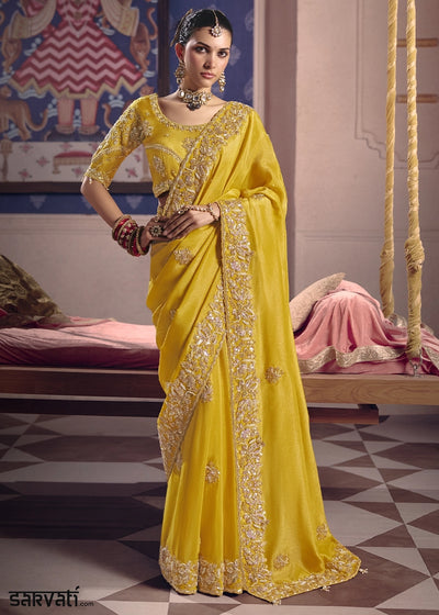 Aureolin Yellow Viscose Tissue Saree with Intricate Zari & Bead Embroidery