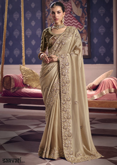 Light Brown Viscose Tissue Saree with Intricate Zari & Bead Embroidery
