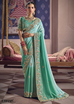 Aquamarine Blue Viscose Tissue Saree with Intricate Zari & Bead Embroidery (Pre-Order)