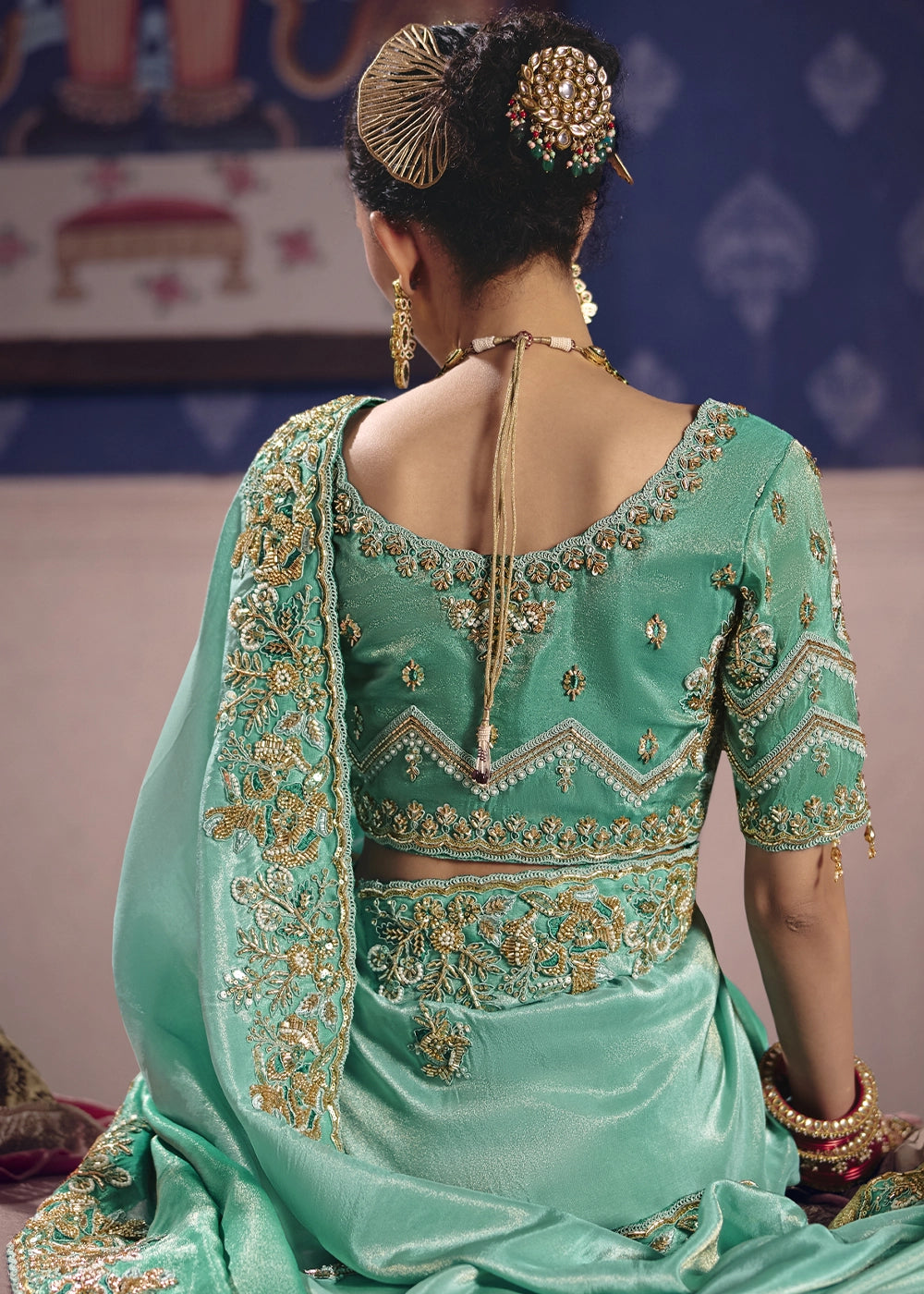 Aquamarine Blue Viscose Tissue Saree with Intricate Zari & Bead Embroidery