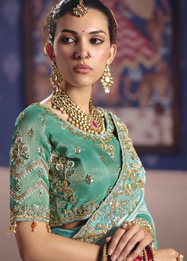 Aquamarine Blue Viscose Tissue Saree with Intricate Zari & Bead Embroidery
