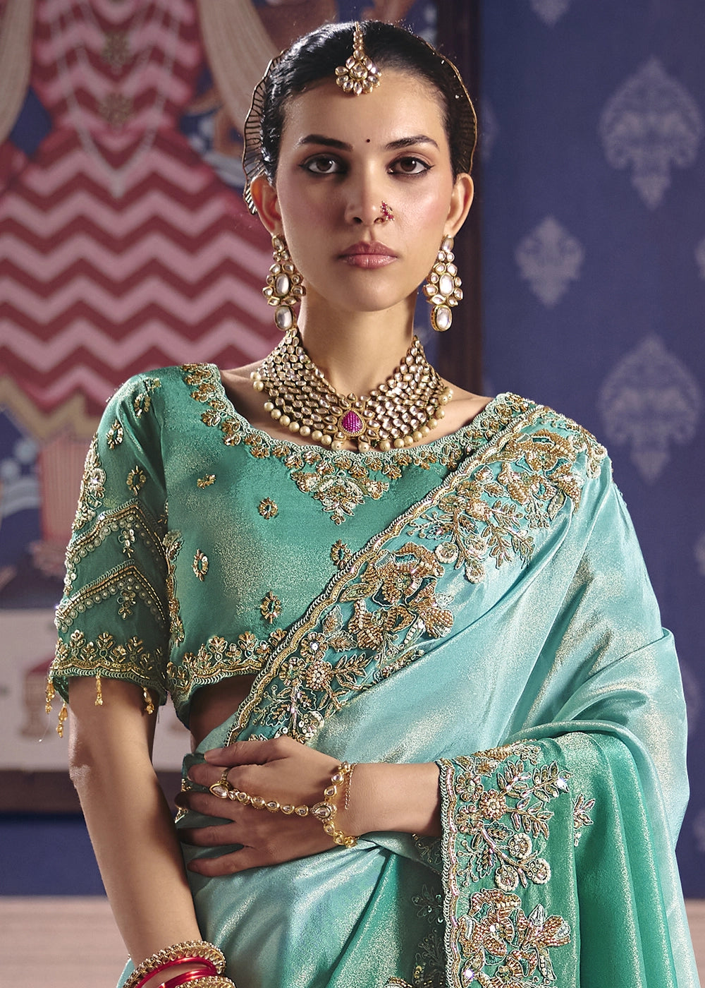 Aquamarine Blue Viscose Tissue Saree with Intricate Zari & Bead Embroidery