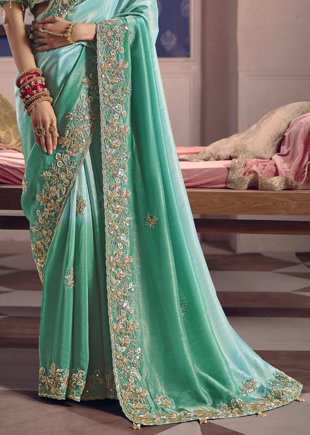 Aquamarine Blue Viscose Tissue Saree with Intricate Zari & Bead Embroidery