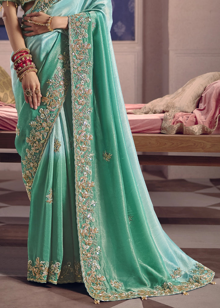 Aquamarine Blue Viscose Tissue Saree with Intricate Zari & Bead Embroidery