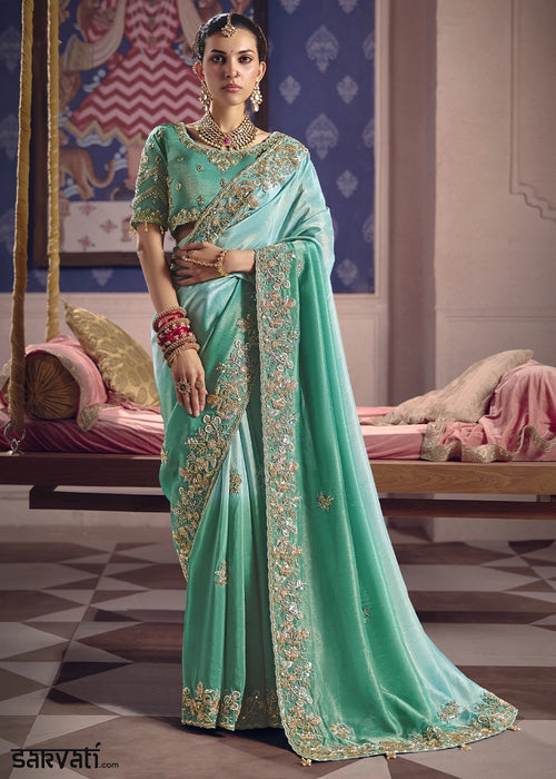 Aquamarine Blue Viscose Tissue Saree with Intricate Zari & Bead Embroidery