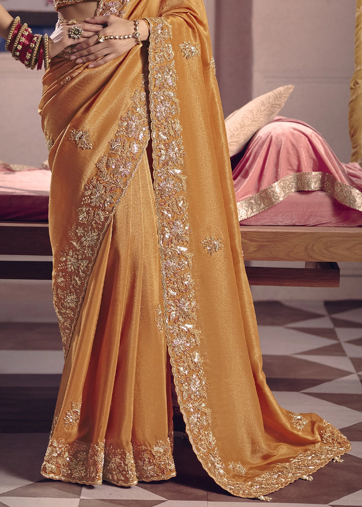 Glossy Orange Viscose Tissue Saree with Intricate Zari & Bead Embroidery