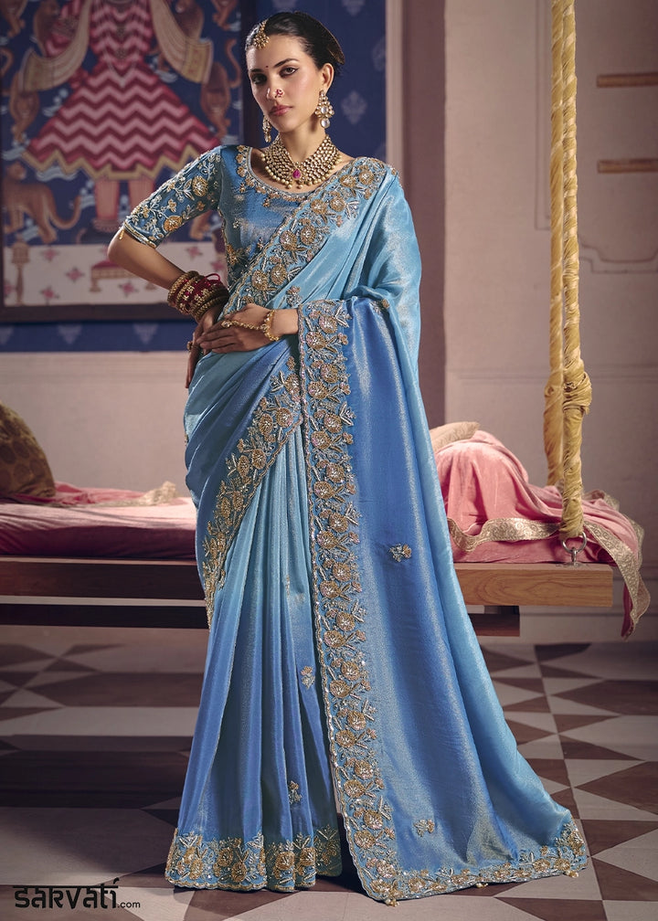 Uranian Blue Viscose Tissue Saree with Intricate Zari & Bead Embroidery