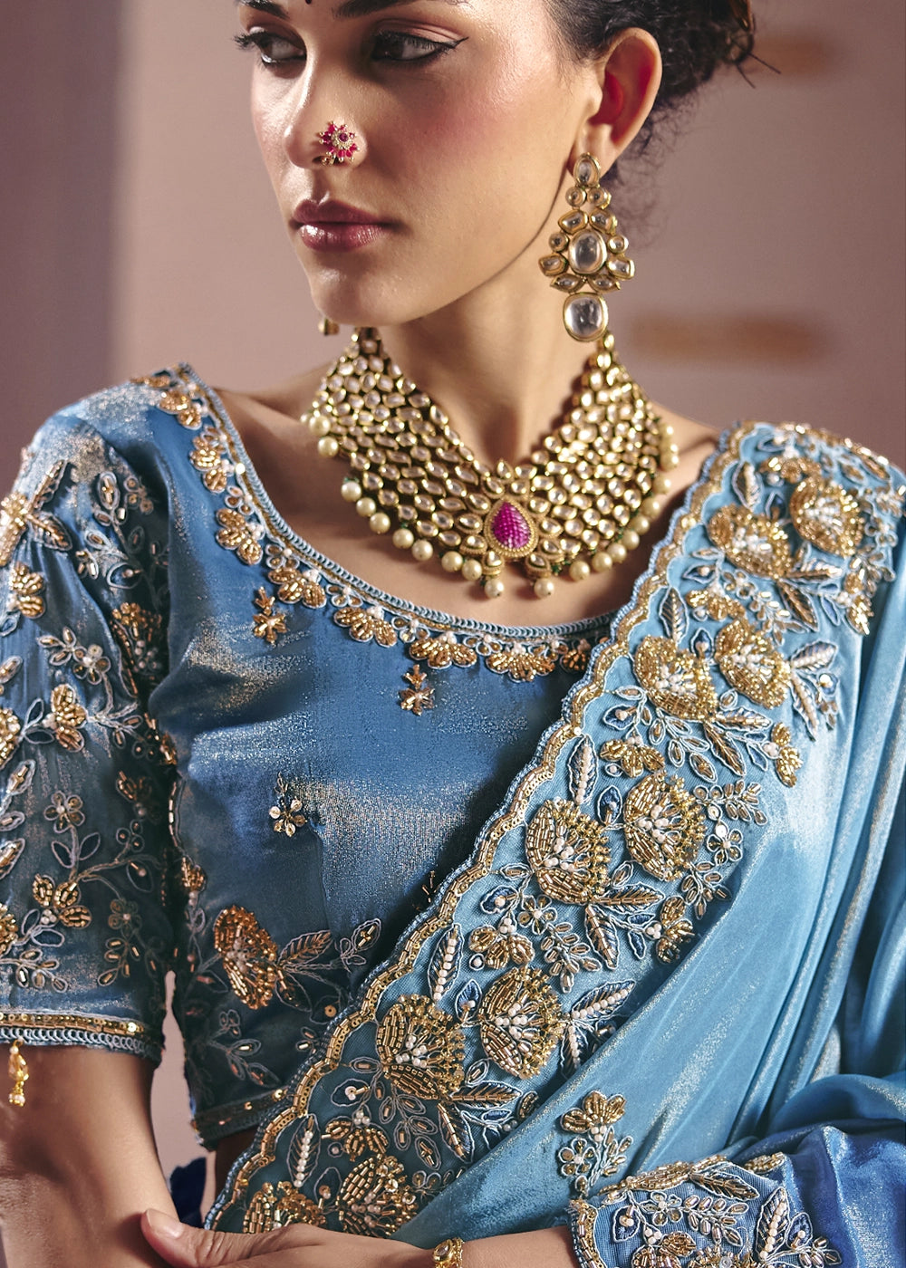 Uranian Blue Viscose Tissue Saree with Intricate Zari & Bead Embroidery
