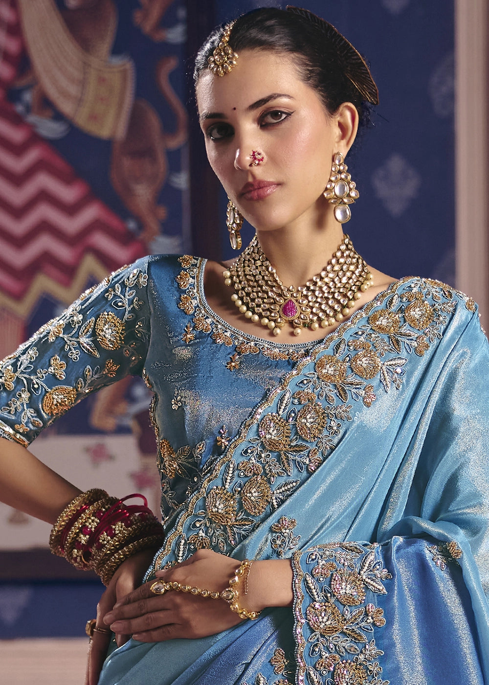 Uranian Blue Viscose Tissue Saree with Intricate Zari & Bead Embroidery