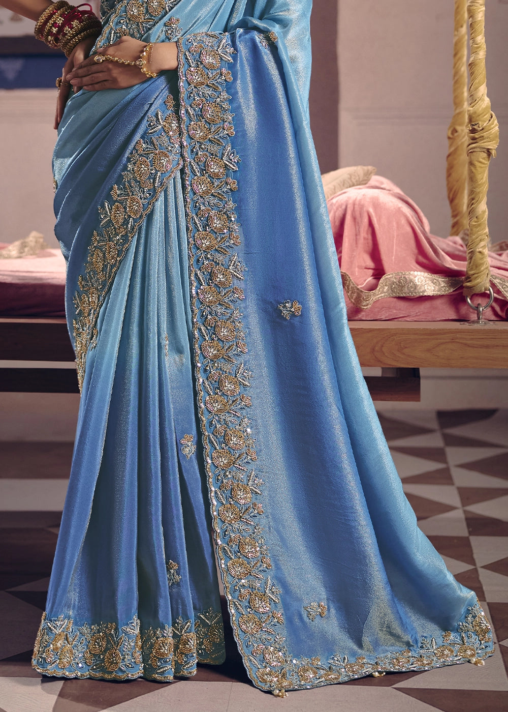 Uranian Blue Viscose Tissue Saree with Intricate Zari & Bead Embroidery