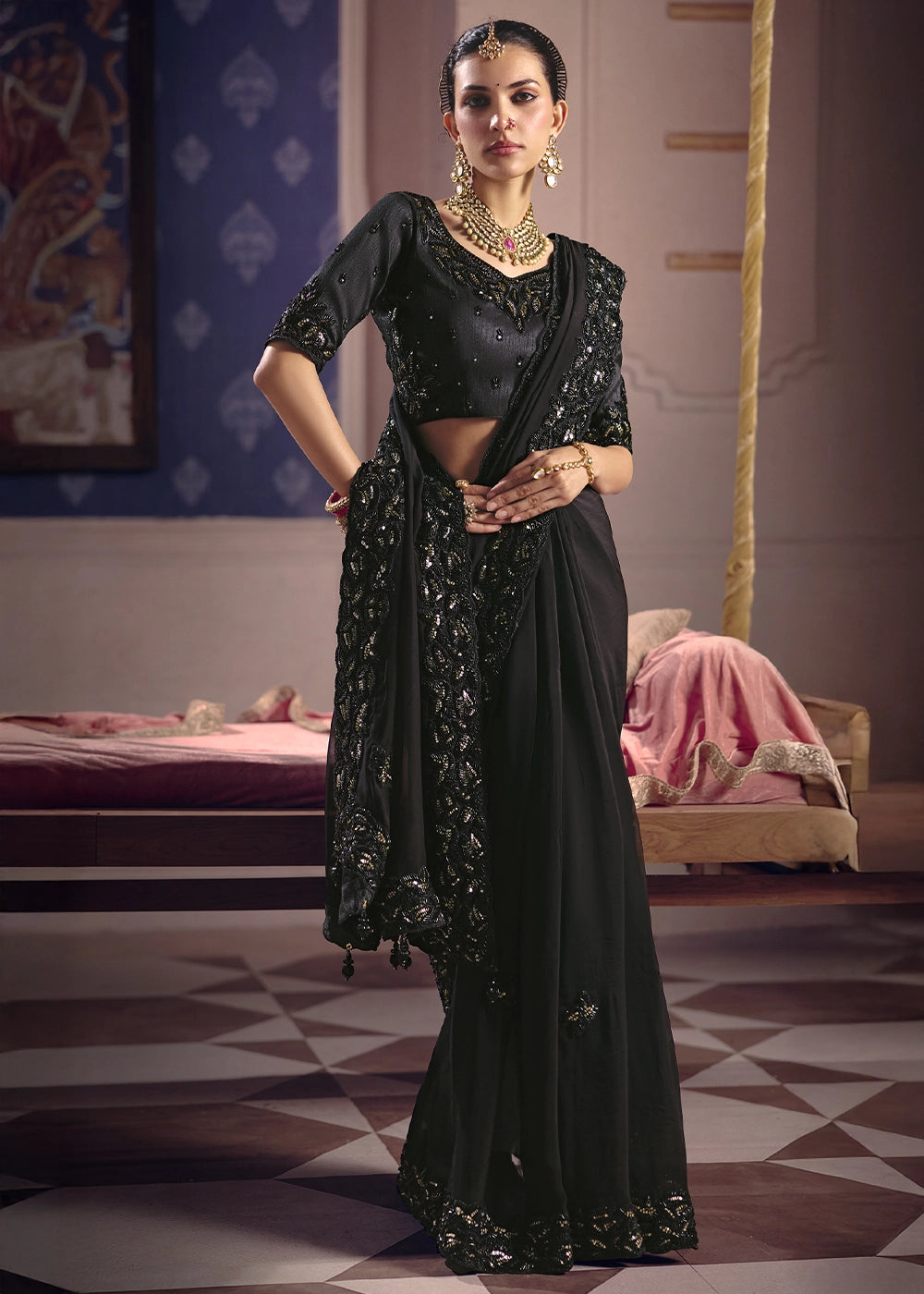 Midnight Black Viscose Tissue Saree with Intricate Zari & Bead Embroidery