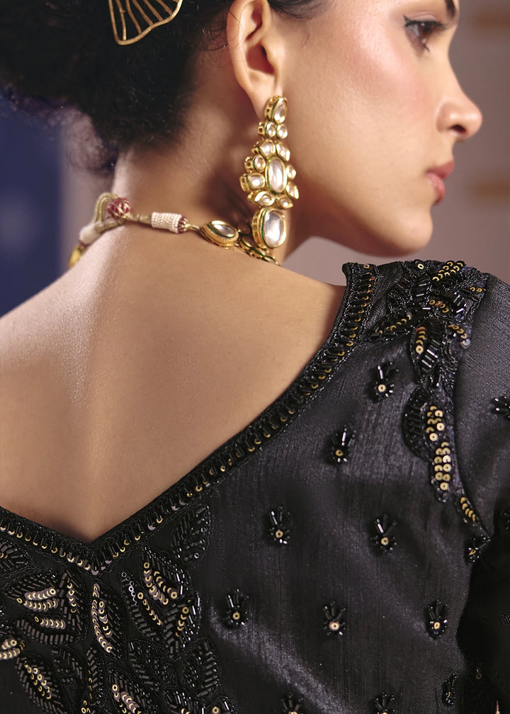 Midnight Black Viscose Tissue Saree with Intricate Zari & Bead Embroidery