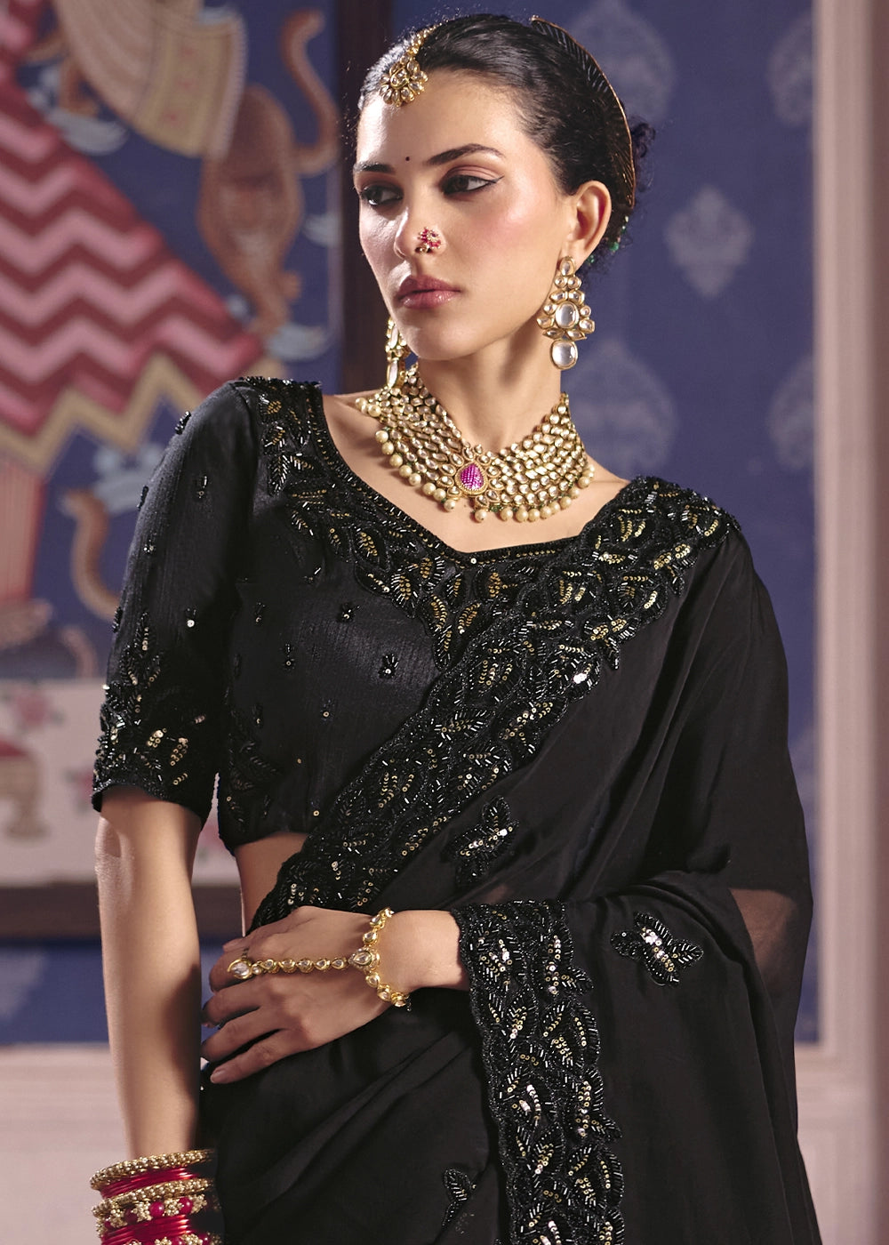 Midnight Black Viscose Tissue Saree with Intricate Zari & Bead Embroidery
