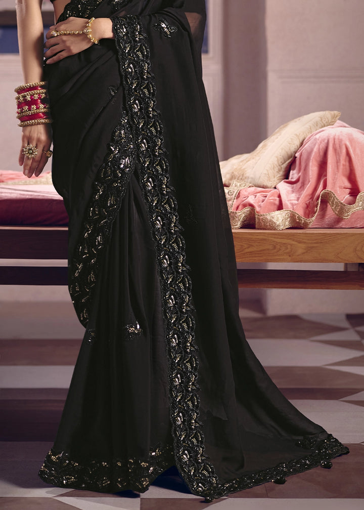 Midnight Black Viscose Tissue Saree with Intricate Zari & Bead Embroidery