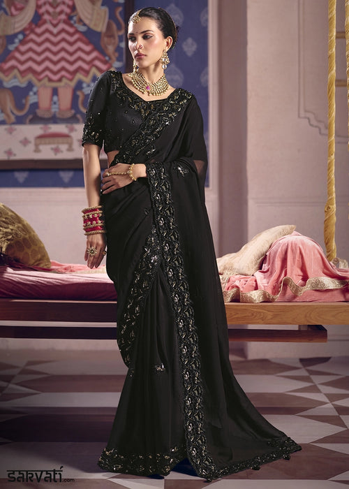 Midnight Black Viscose Tissue Saree with Intricate Zari & Bead Embroidery