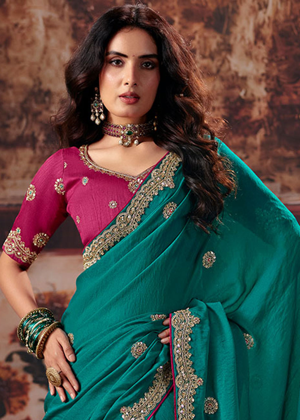 Pine Green Bemberg Saree with Threadwork &amp; Stone-Embellished Border