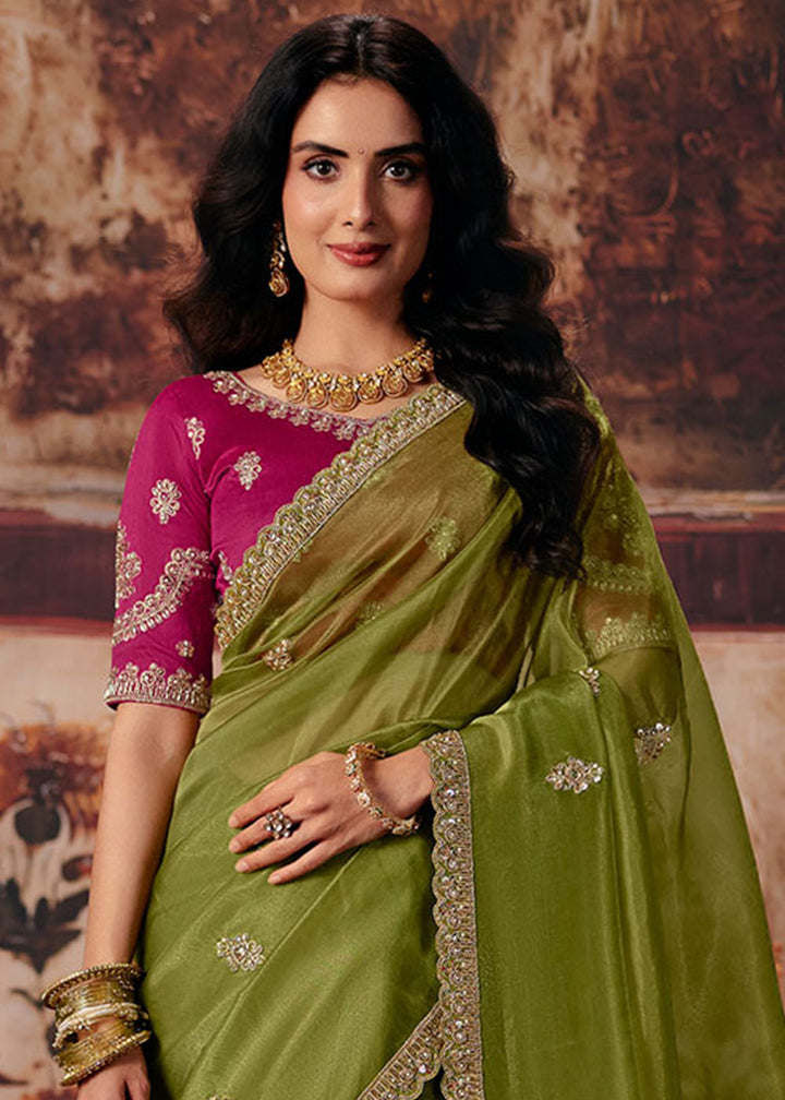 Olive Green Organza Saree with Sequin &amp; Stone Embellishments