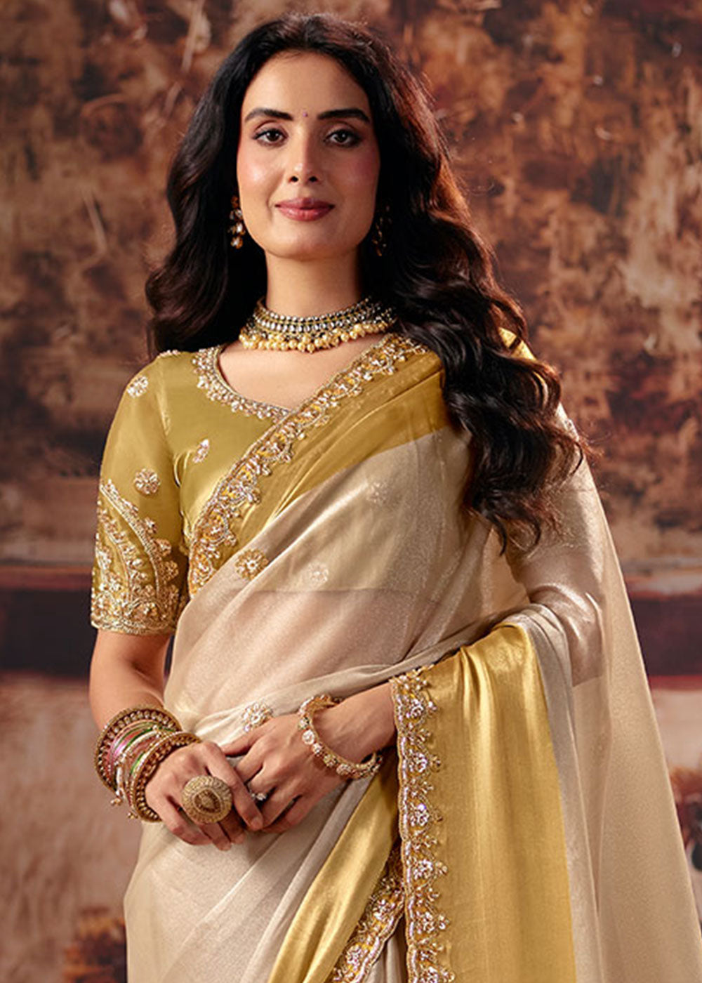 Pinewood Brown Satin Patta Saree with Sequin &amp; Stone Embellishments