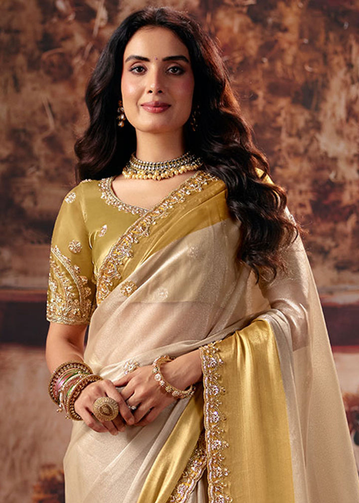 Pinewood Brown Satin Patta Saree with Sequin &amp; Stone Embellishments