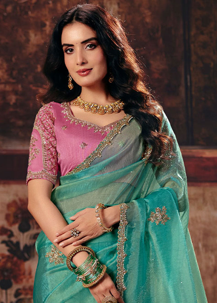 Turquoise Blue Organza Saree with Threadwork &amp; Sequin Embellishments