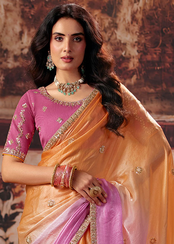 Tones of Pink Satin Saree with Threadwork &amp; Sequin Embellishments