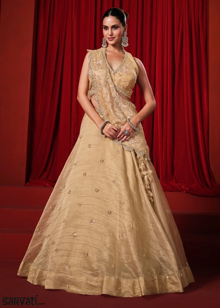 Beige Gold Banarasi Viscose Crush Tissue Lehenga with Embroidery Work
