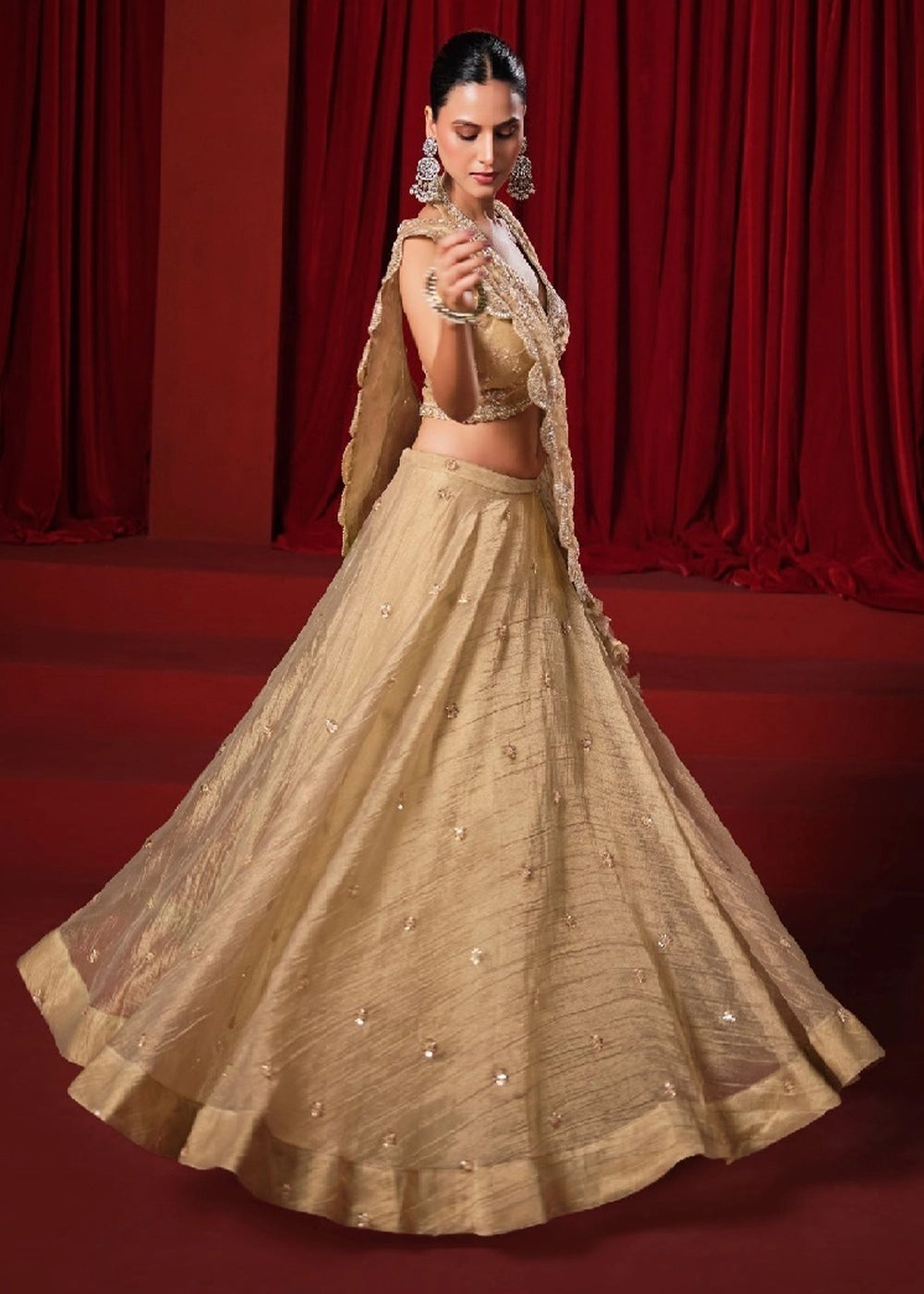 Beige Gold Banarasi Viscose Crush Tissue Lehenga with Embroidery Work