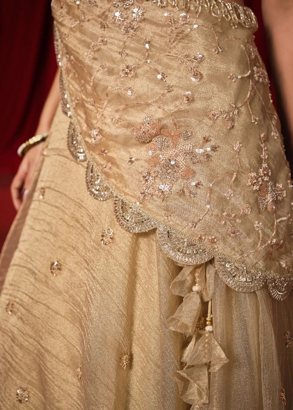Beige Gold Banarasi Viscose Crush Tissue Lehenga with Embroidery Work