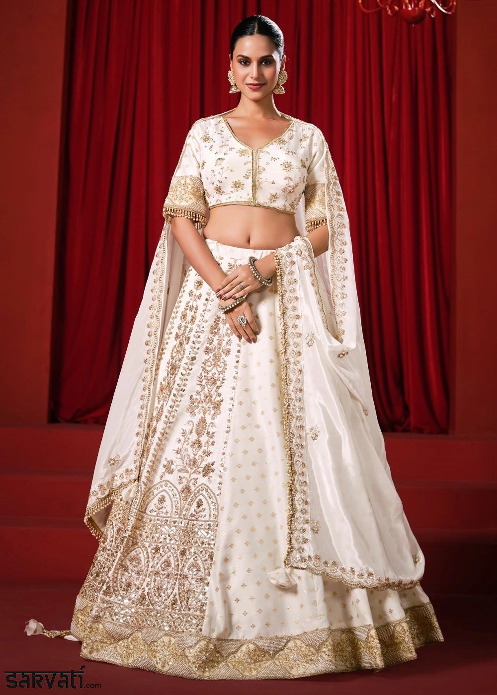 Cream White Dola Silk & Natural Crepe Lehenga with Embroidery Work