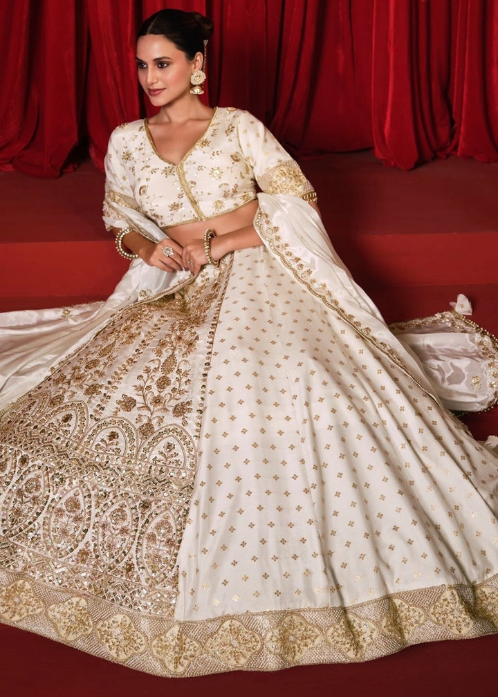 Cream White Dola Silk & Natural Crepe Lehenga with Embroidery Work