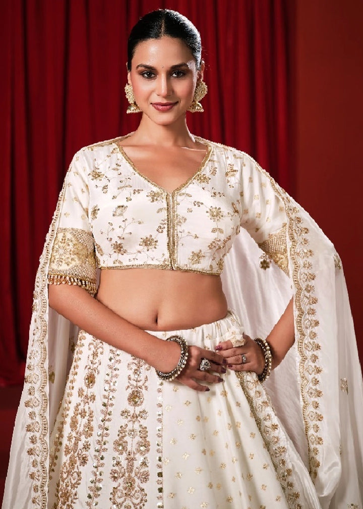 Cream White Dola Silk & Natural Crepe Lehenga with Embroidery Work