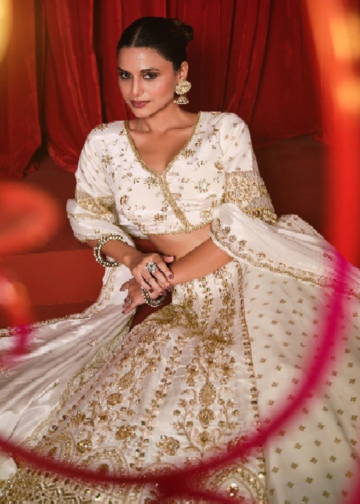 Cream White Dola Silk & Natural Crepe Lehenga with Embroidery Work