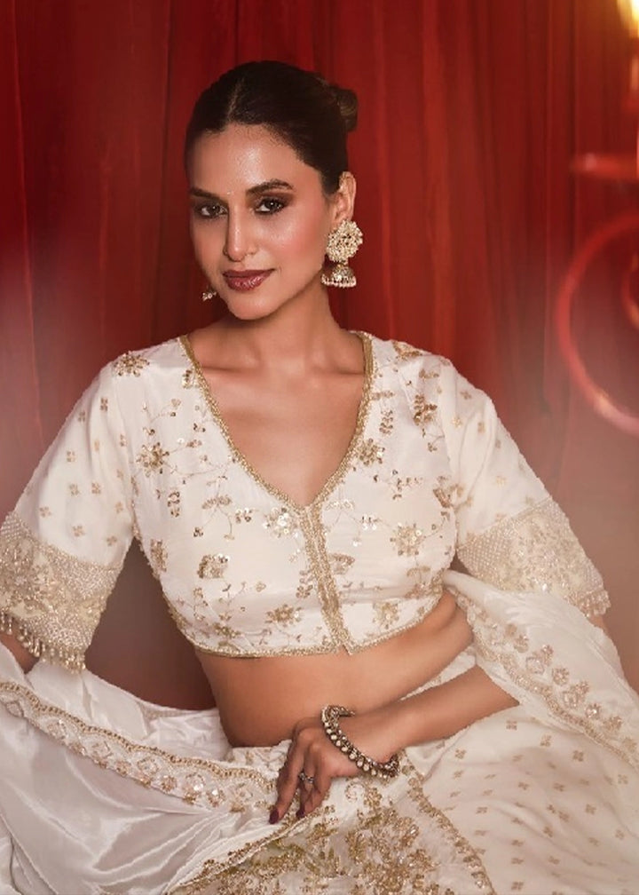 Cream White Dola Silk & Natural Crepe Lehenga with Embroidery Work