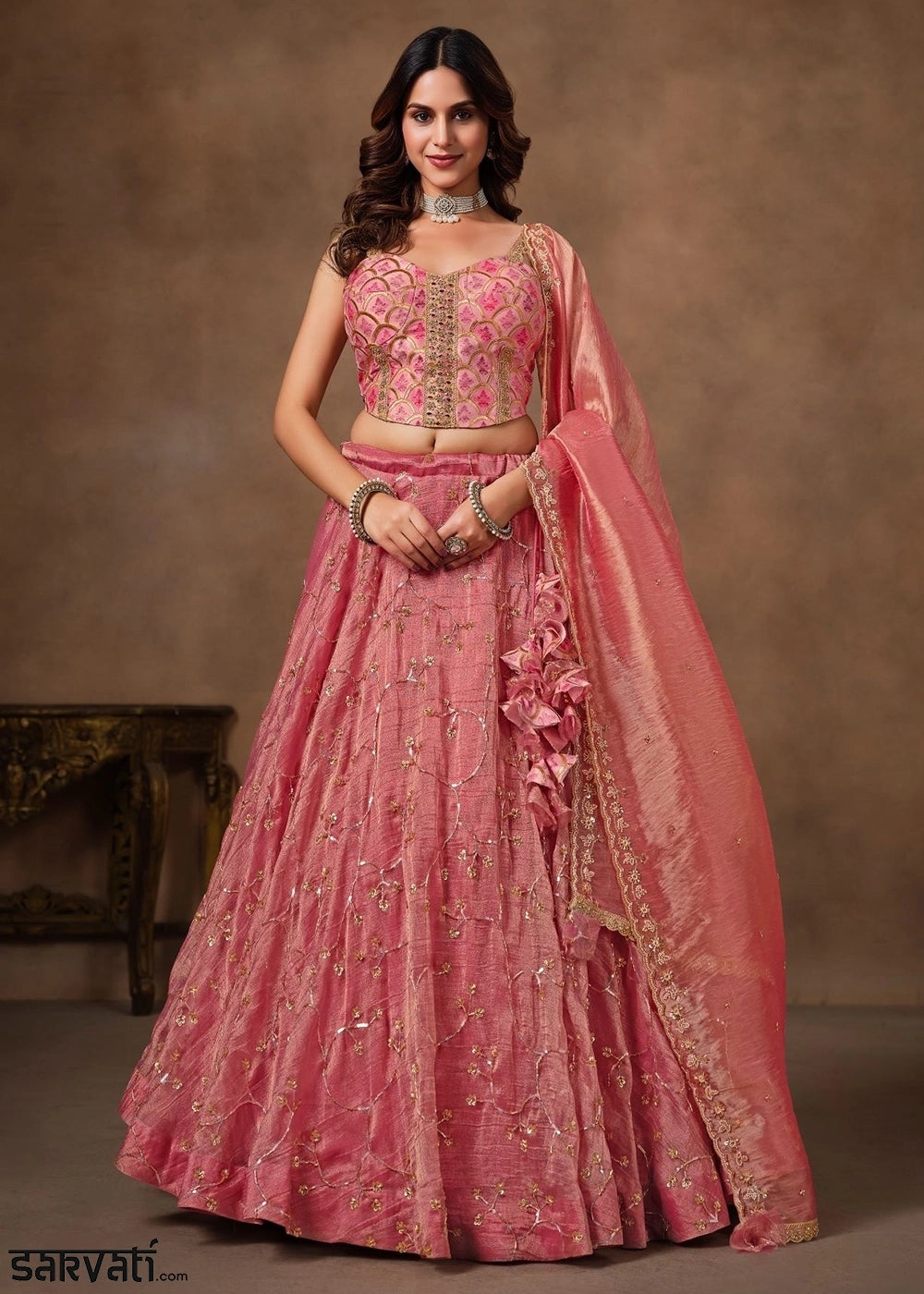 Dusty Pink Banarasi Brocade & Viscose Tissue Lehenga with Embroidery Work