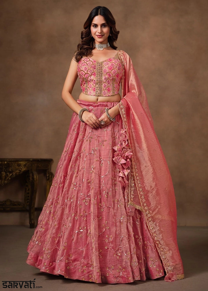 Dusty Pink Banarasi Brocade & Viscose Tissue Lehenga with Embroidery Work