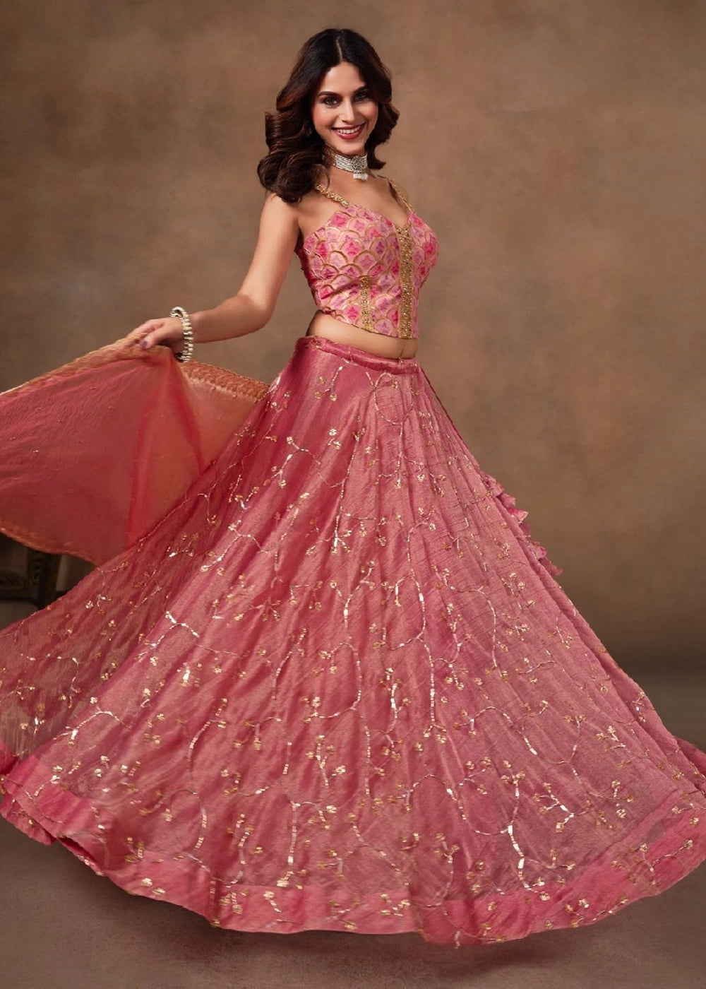 Dusty Pink Banarasi Brocade & Viscose Tissue Lehenga with Embroidery Work